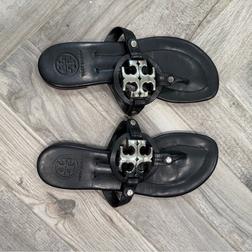 Tory Burch Black Miller Leather Sandals with Silver Emblem